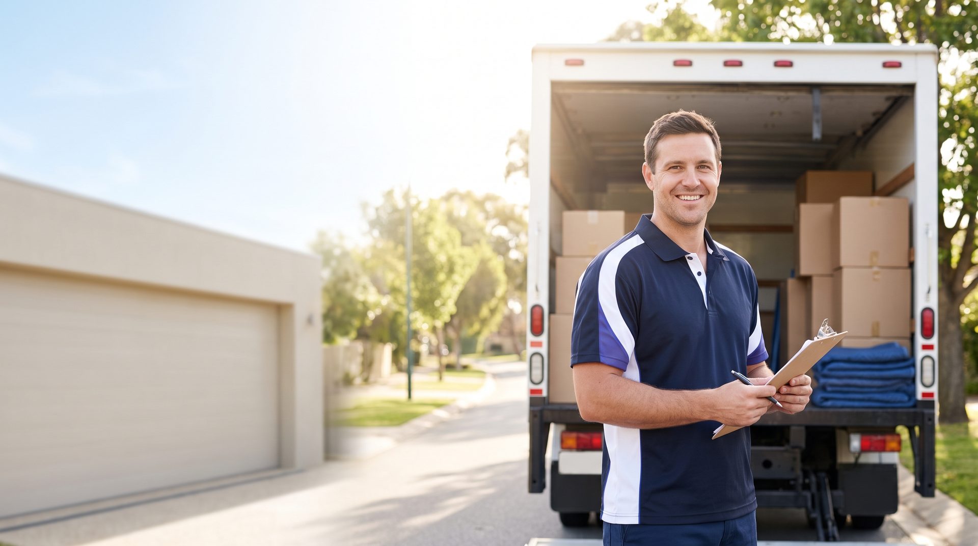 Professional mover with a clipboard beside a loaded moving truck