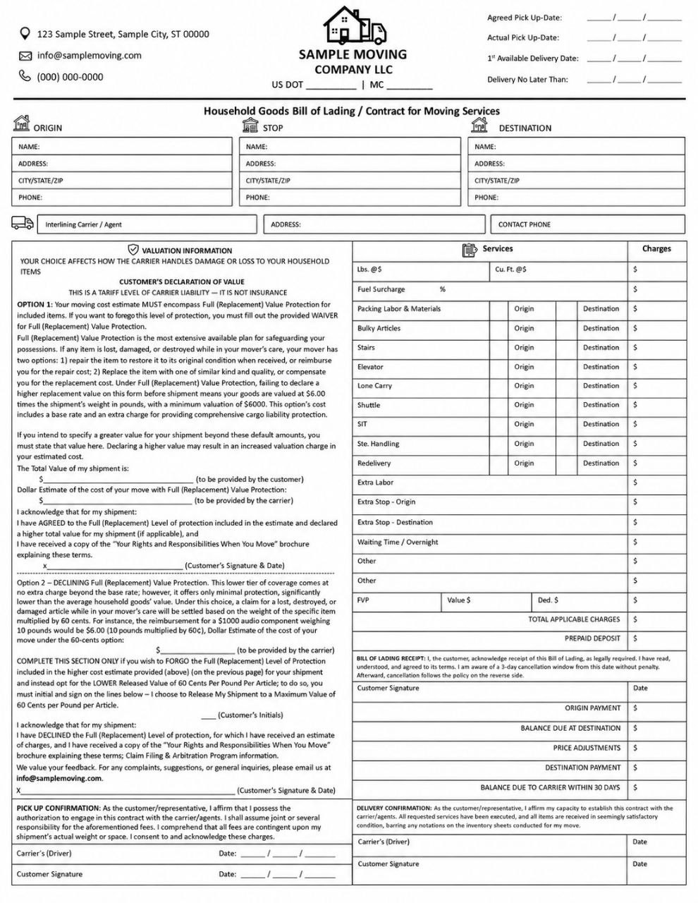 Sample Household Goods Bill of Lading personalized for a moving company