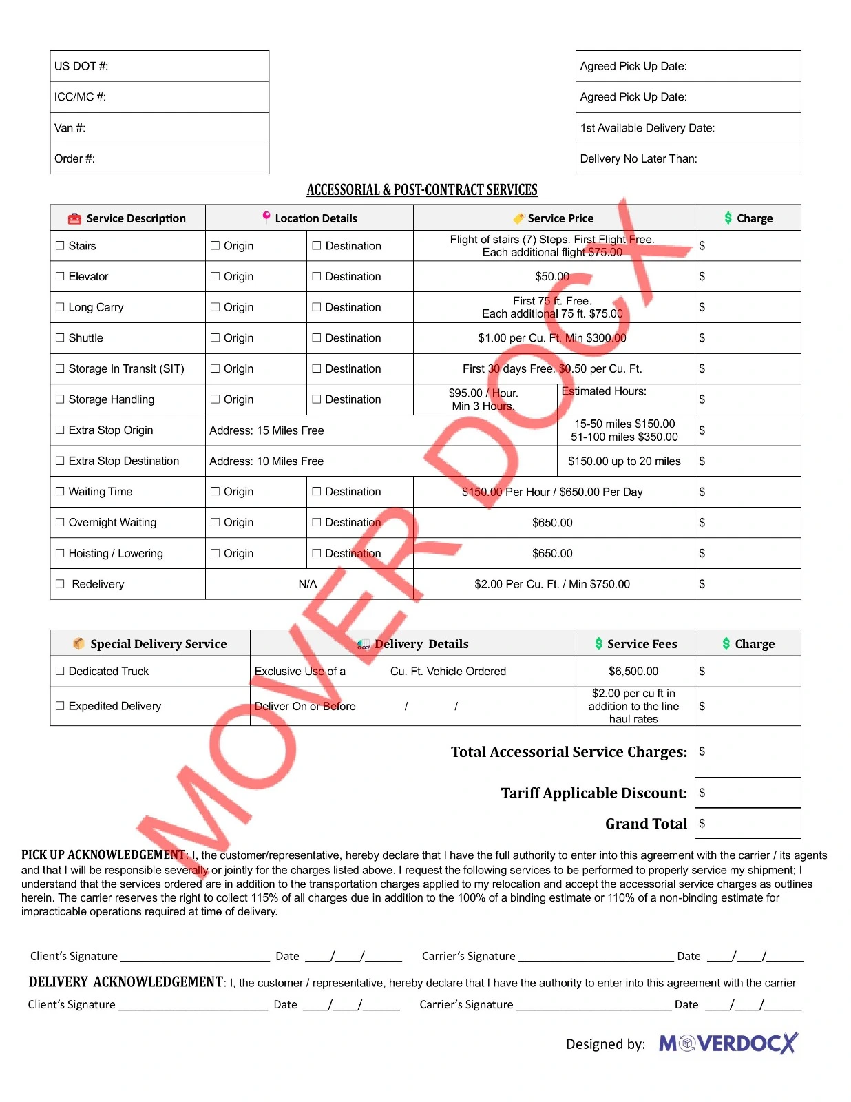 Sample of an Accessorial and Post-Contract Services document for moving companies