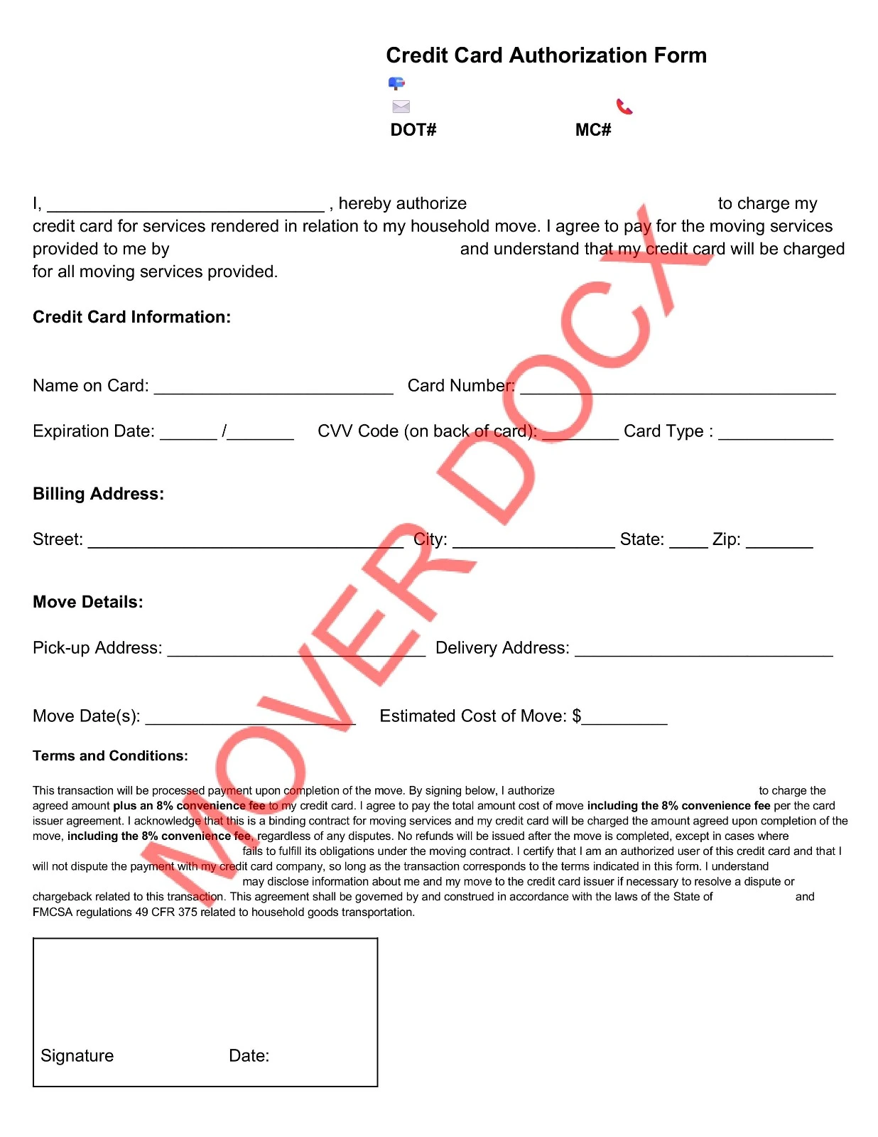 Sample of a Credit Card Authorization Form for moving companies