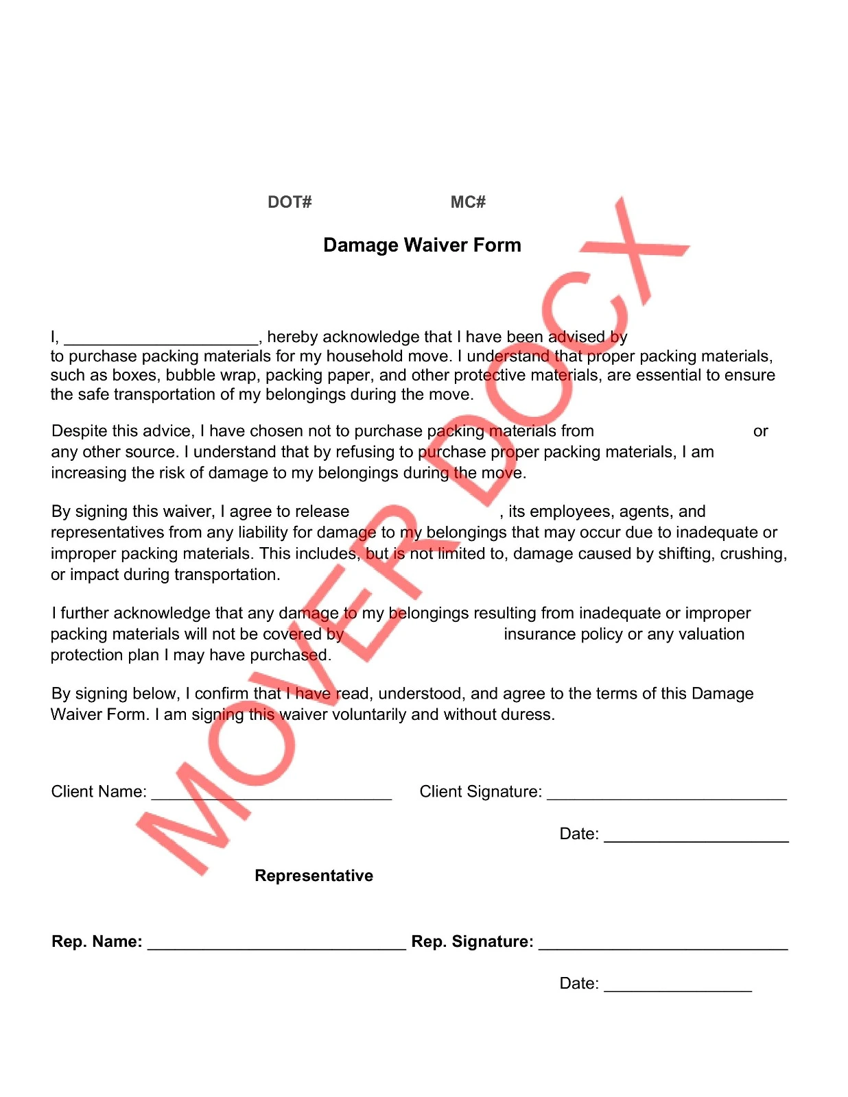 Sample of a Damage Waiver Form for moving companies