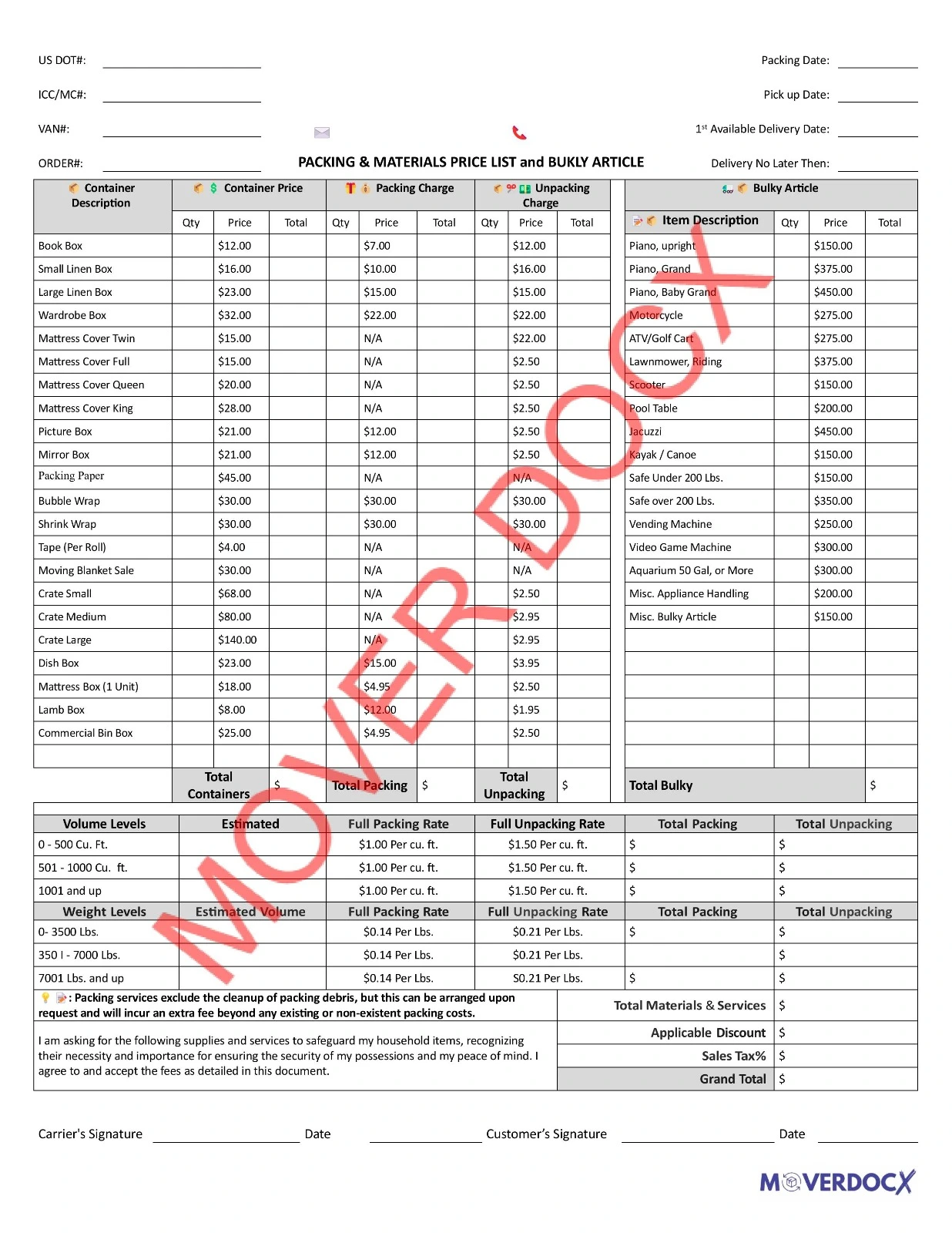 Sample of a Packing and Materials Price List and Bulky Article Form for moving companies