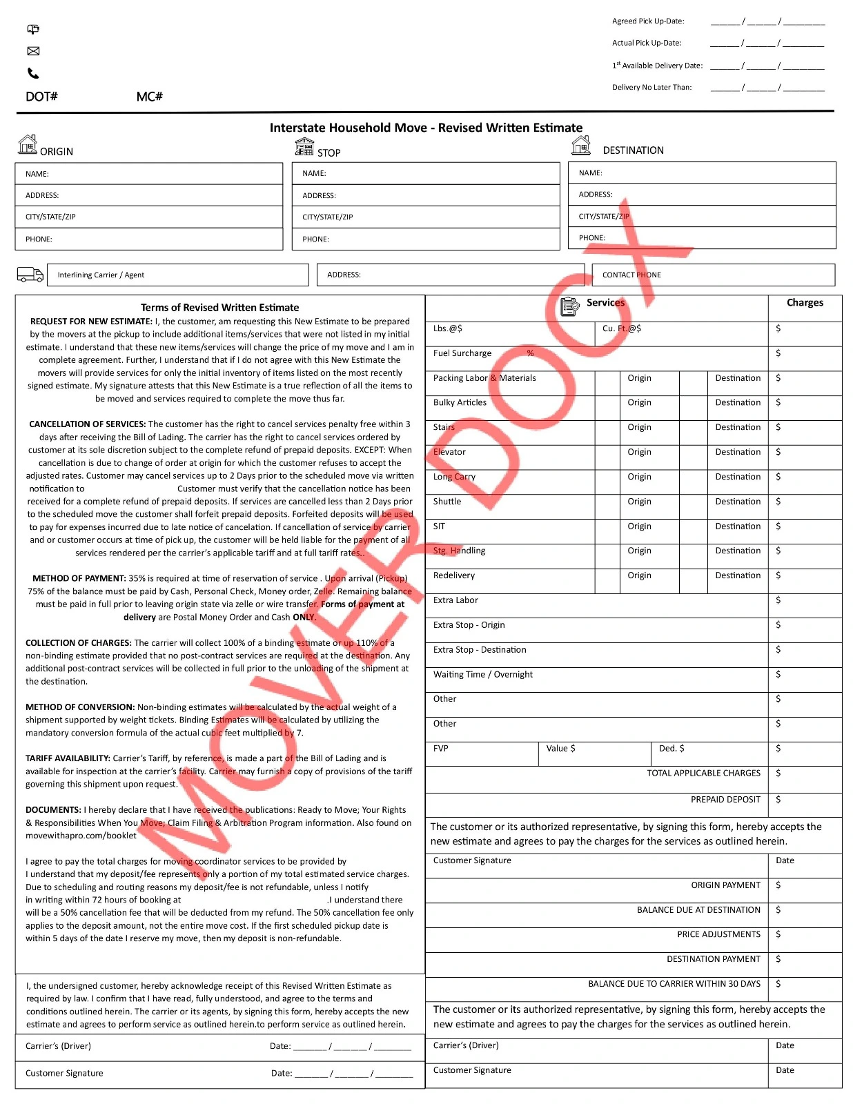 Sample of a Revised Written Estimate Form for interstate moving companies