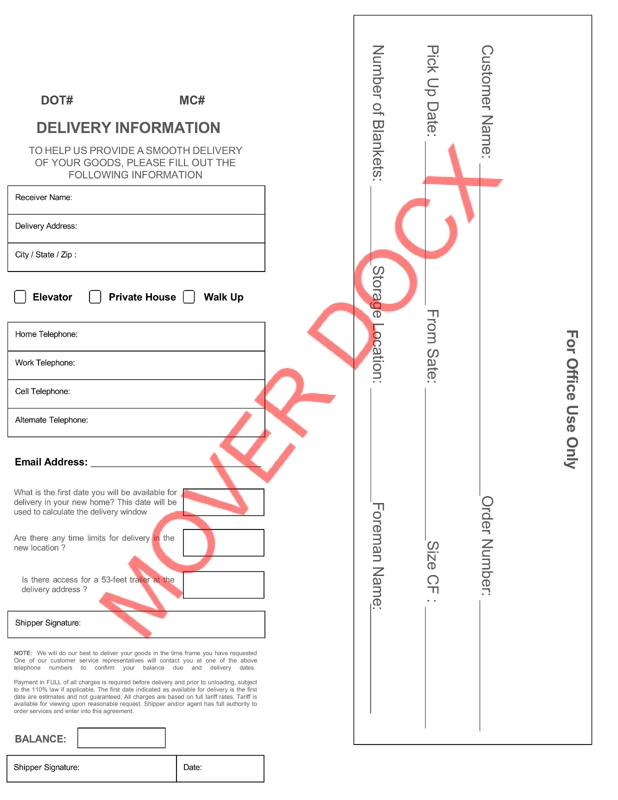 Sample of a Delivery Information Slip for moving companies