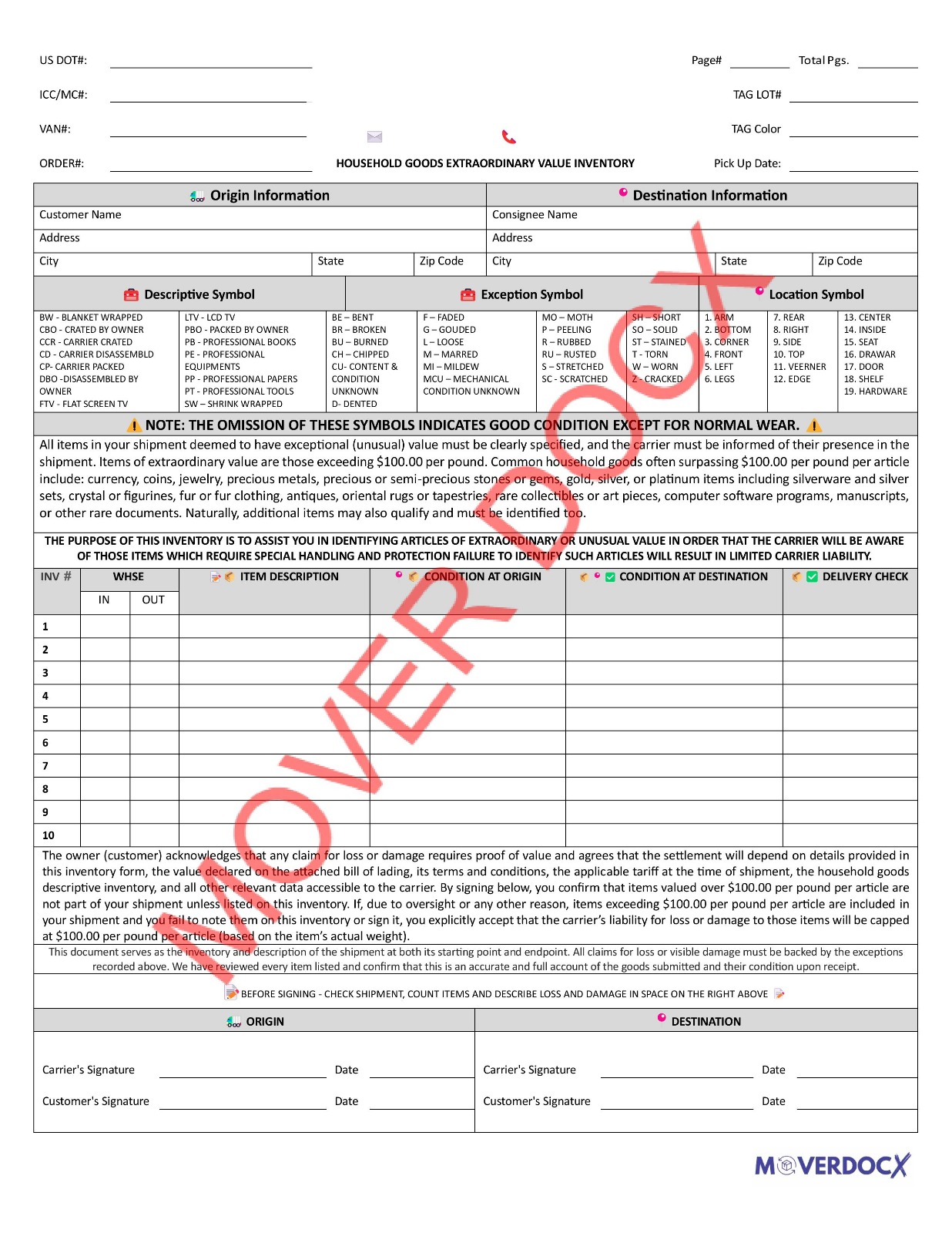 Sample of a Household Goods Extraordinary Value Inventory Form for moving companies