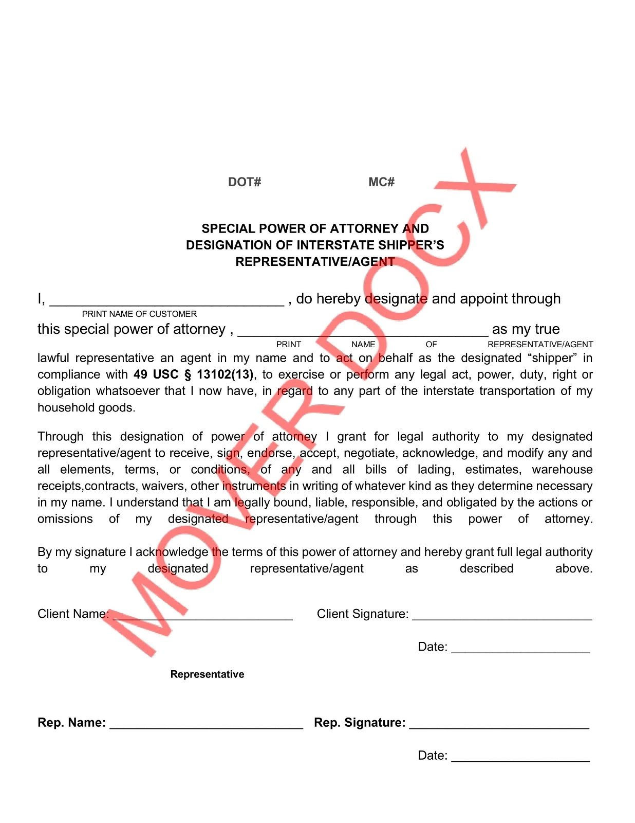 Sample of a Special Power of Attorney Form for interstate moving companies